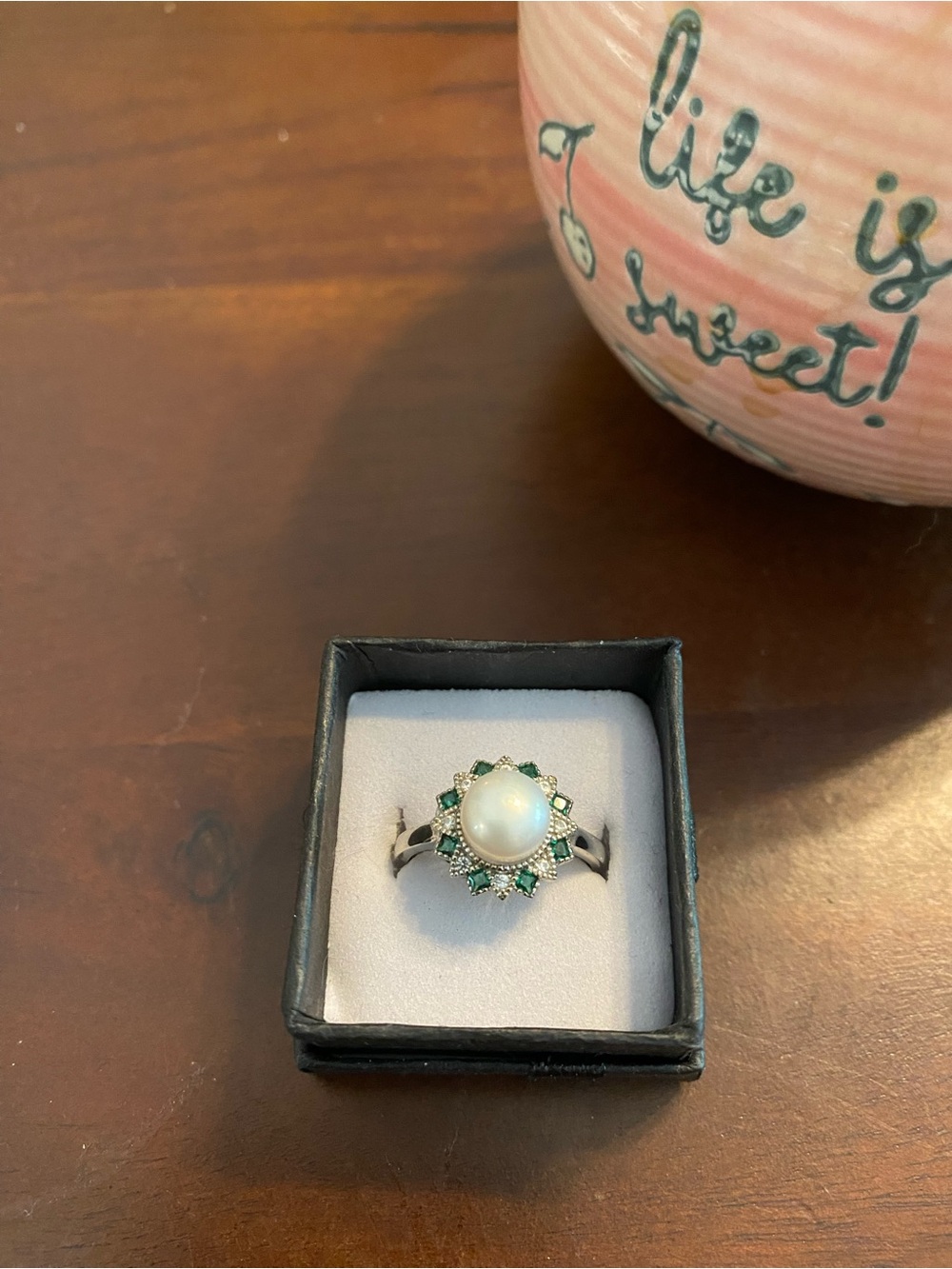 Pearl Ring with Green and CZ accent halo
